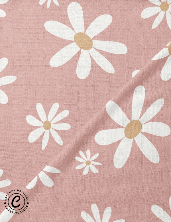 Tecido Fralda Quadriculada Estampada - Coleção Fazenda Feliz - Margaridas - Rosê - 100% Algodão - 60cm x 70cm