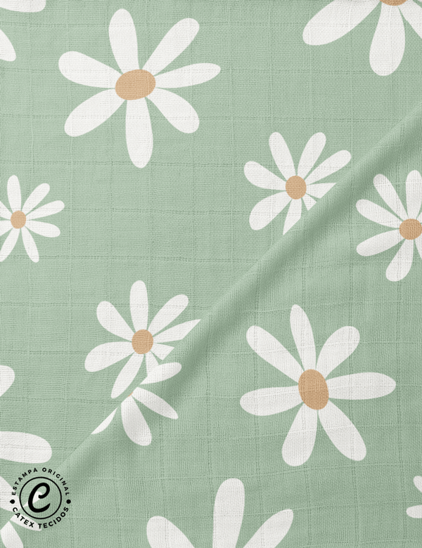 Tecido Fralda Quadriculada Estampada - Coleção Fazenda Feliz - Margaridas - Verde - 100% Algodão - 60cm x 70cm