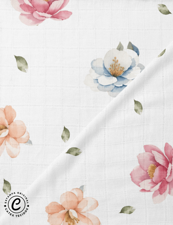 Tecido Fralda Quadriculada Estampada - Coleção Natureza Orgânica - Pétalas - 100% Algodão - 60cm x 70cm