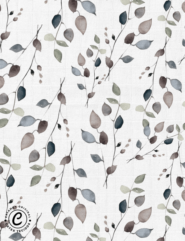 Tecido Fralda Quadriculada Estampada - Coleção Natureza Orgânica - Ramos - 100% Algodão - 60cm x 70cm