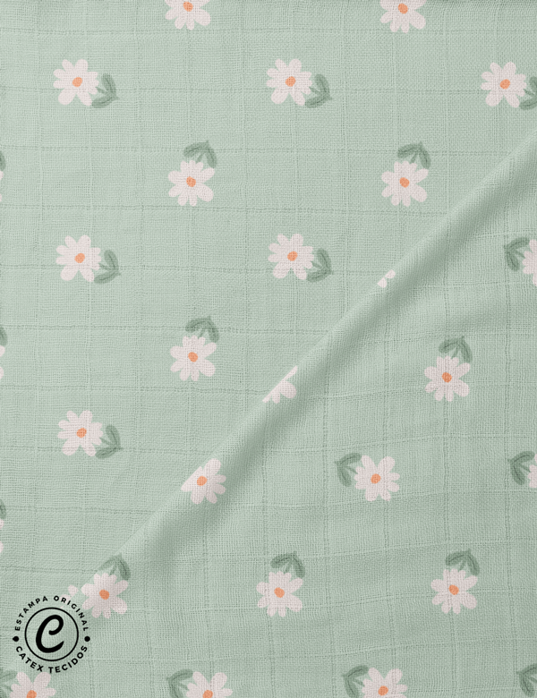 Tecido Fralda Quadriculada Estampada - Coleção Outono na Floresta - Floral - Fundo Verde - 100% Algodão - 60cm x 70cm