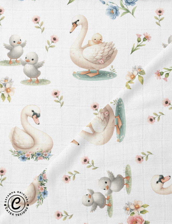 Tecido Fralda Quadriculada Estampada - Mãe Cisne - 100% Algodão - 60cm x 70cm