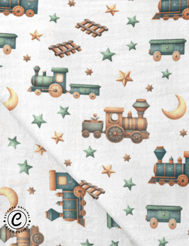 Tecido Fralda Estampada - Trenzinho de Brinquedo - 100% Algodão - Largura 70 cm