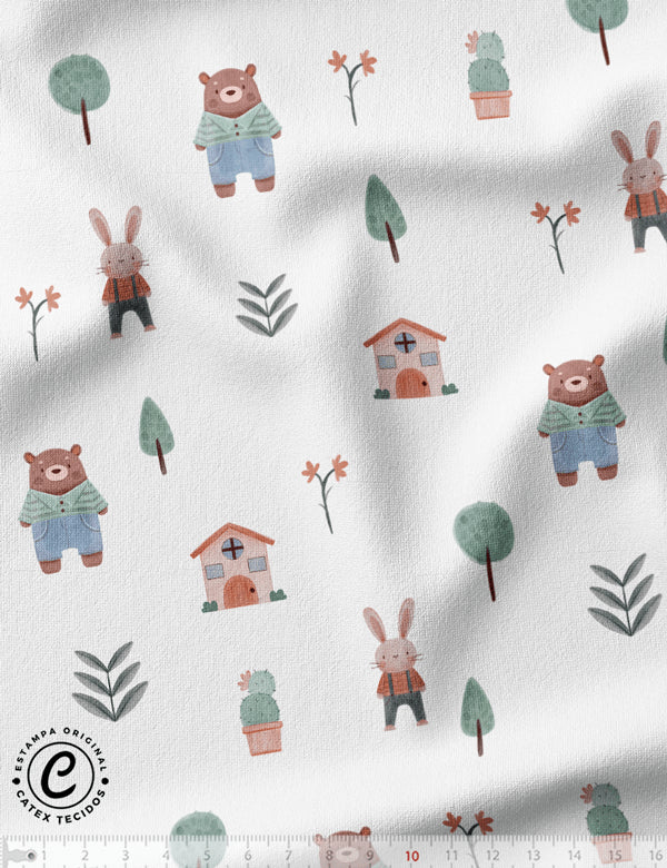 Tecido Meia Malha Coleção Boho Baby - Vida no Bosque - 96% Algodão 4% Elastano - Largura 1,70m