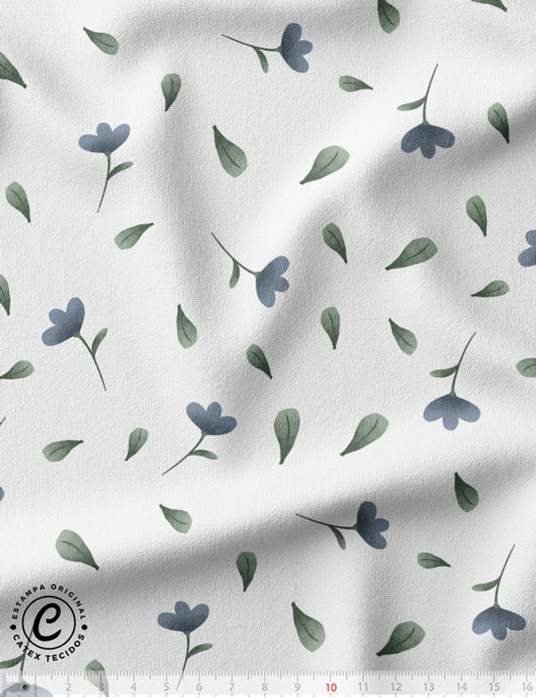 Tecido Meia Malha Coleção Inverno na Floresta - Flores e Folhas - Fundo Branco - 96% Algodão 4% Elastano - Largura 1,70m