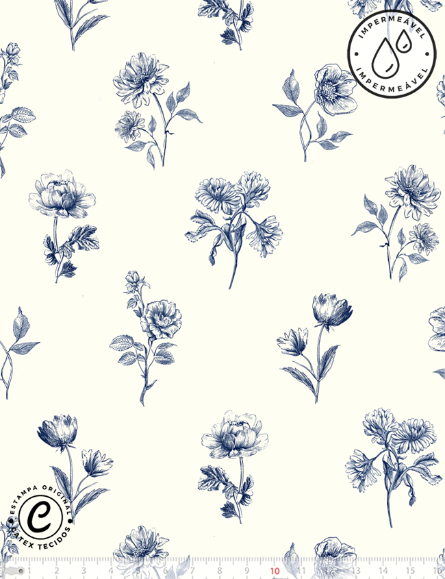 Tecido Sarja Impermeável Especial Toile de Jouy Campestre - Botânica Azul - 100% Algodão - Largura 1,50m