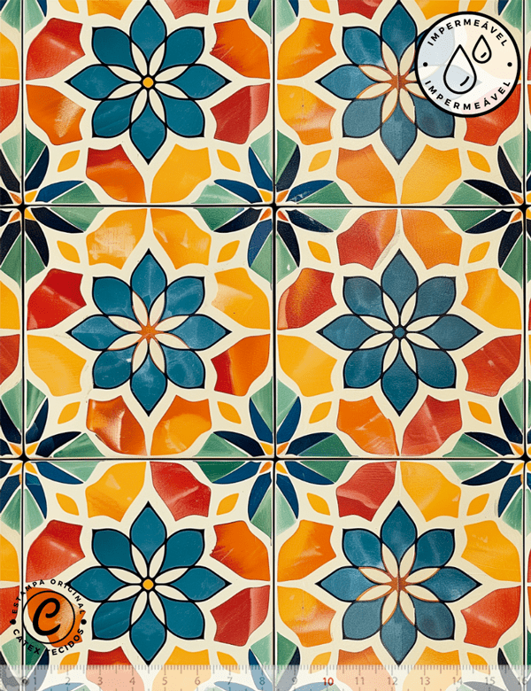 Tecido Sarja Impermeável Especial - Azulejo Colorido Bonfim - 100% Algodão - Largura 1,50m