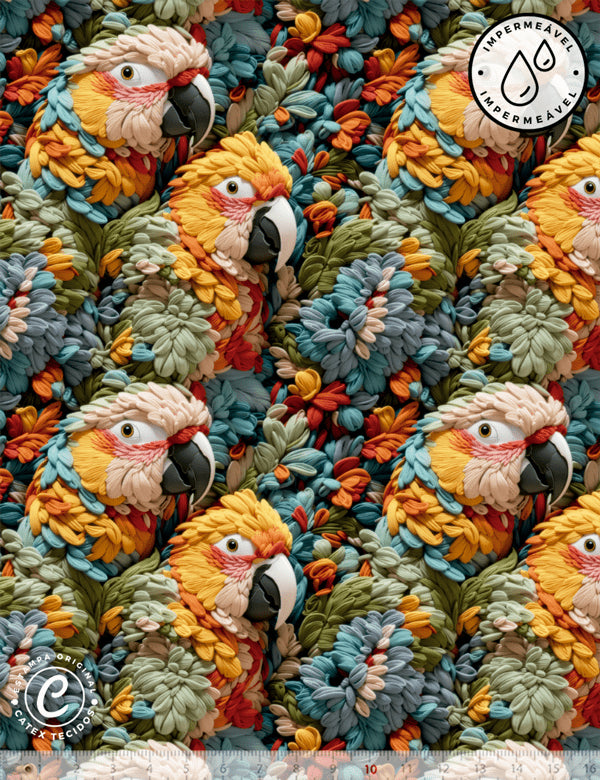 Tecido Sarja Impermeável Especial Coleção 3D - Araras Coloridas - 100% Algodão - Largura 1,50m