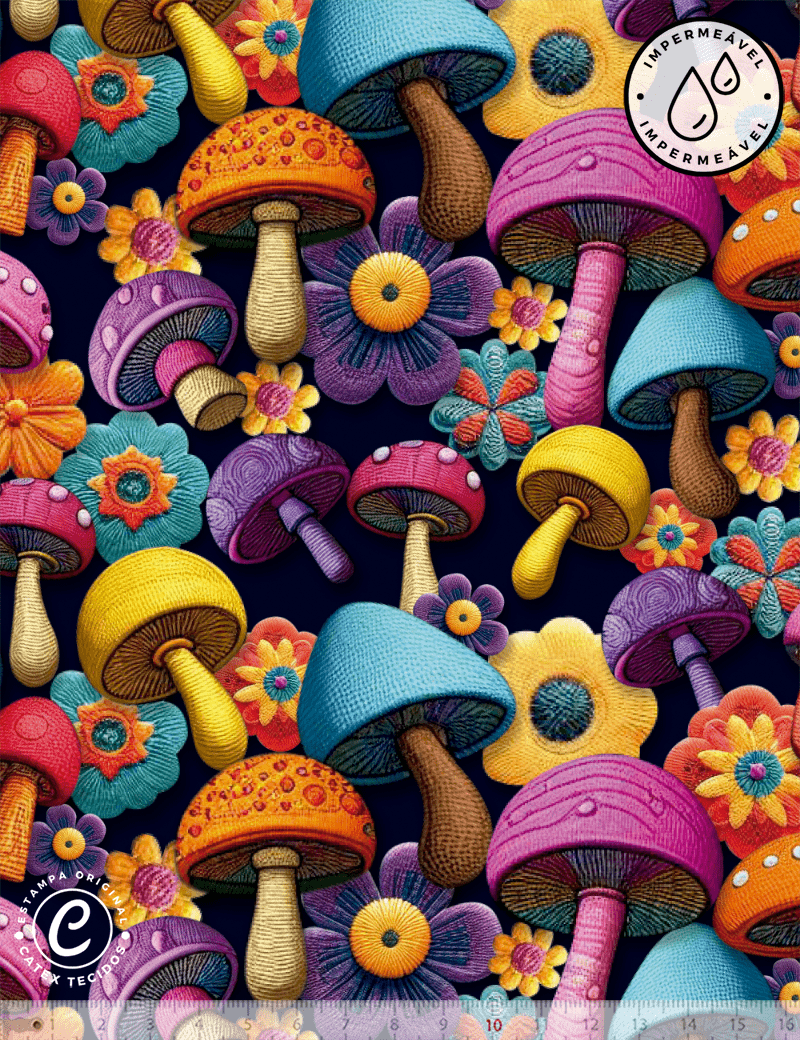 Tecido Sarja Impermeável Especial Coleção 3D - Cogumelos Coloridos - 100% Algodão - Largura 1,50m