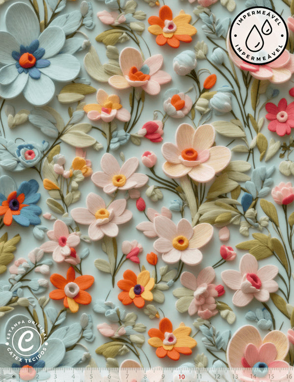 Tecido Sarja Impermeável Especial Coleção 3D - Floral 09 - 100% Algodão - Largura 1,50m