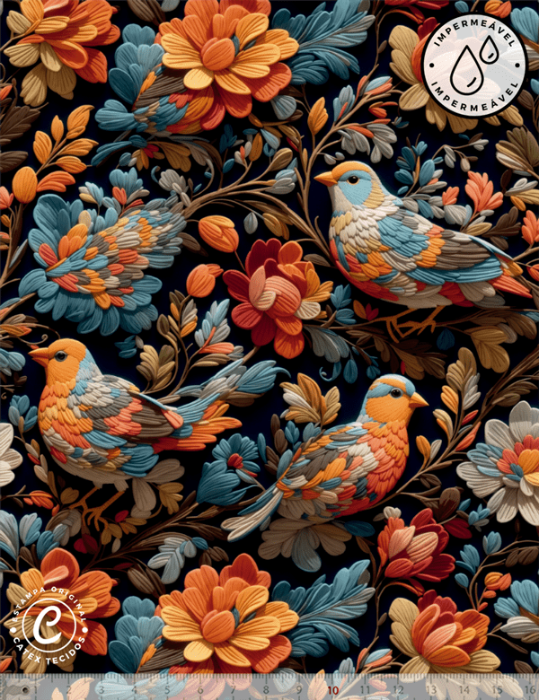 Tecido Sarja Impermeável Especial Coleção 3D - Floral 10 - Passarinhos Coloridos - 100% Algodão - Largura 1,50m