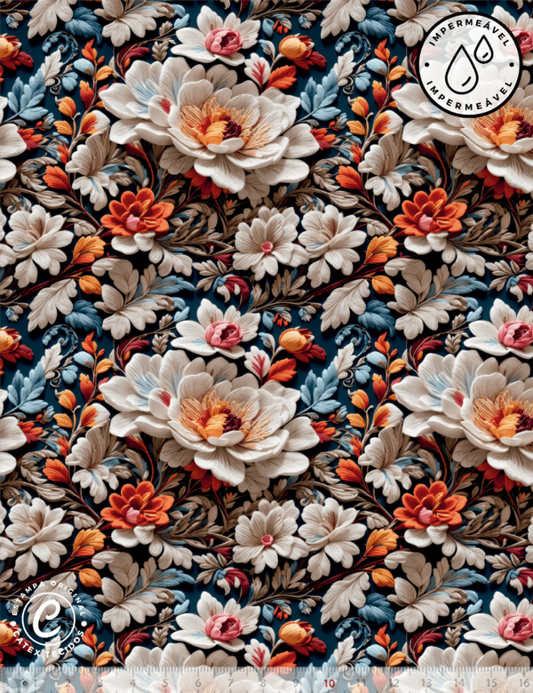 Tecido Sarja Impermeável Especial Coleção 3D - Floral 11 - 100% Algodão - Largura 1,50m
