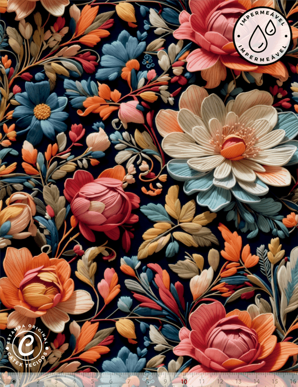 Tecido Sarja Impermeável Especial Coleção 3D - Floral 12 - 100% Algodão - Largura 1,50m