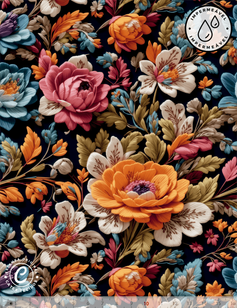 Tecido Sarja Impermeável Especial Coleção 3D - Floral 13 - 100% Algodão - Largura 1,50m