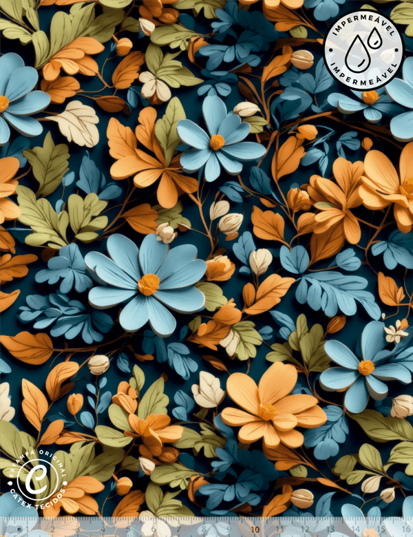 Tecido Sarja Impermeável Especial Coleção 3D - Floral 15 - 100% Algodão - Largura 1,50m