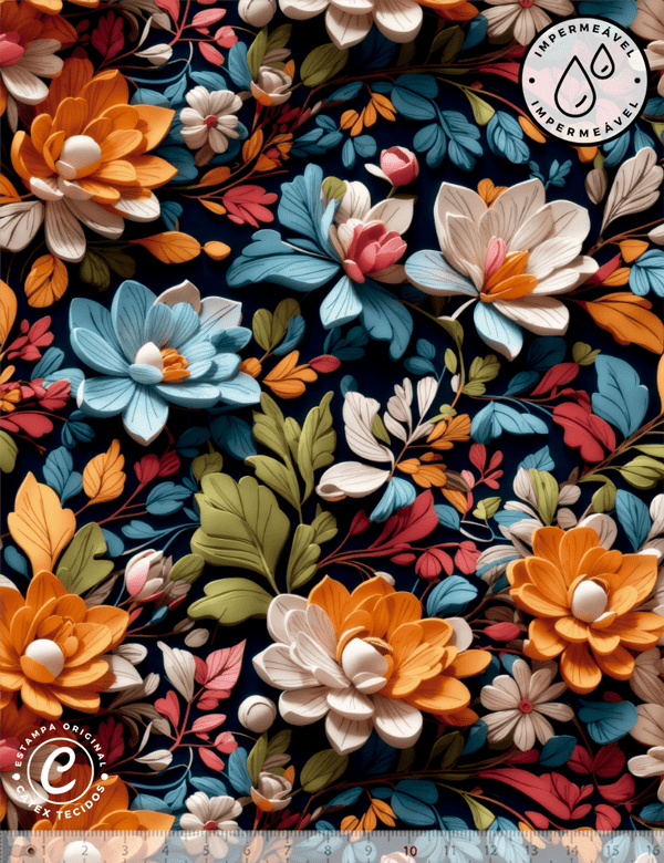 Tecido Sarja Impermeável Especial Coleção 3D - Floral 16 - 100% Algodão - Largura 1,50m