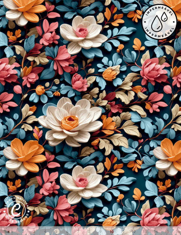 Tecido Sarja Impermeável Especial Coleção 3D - Floral 17 - 100% Algodão - Largura 1,50m