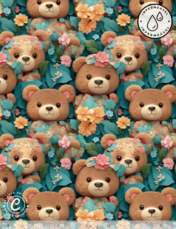Tecido Sarja Impermeável Especial Coleção 3D - Floral 21 - Ursinhos de Pelúcia - 100% Algodão - Largura 1,50m