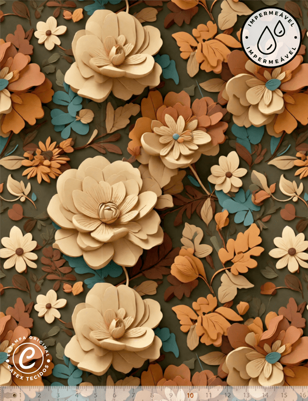 Tecido Sarja Impermeável Especial Coleção 3D - Floral 23 - 100% Algodão - Largura 1,50m