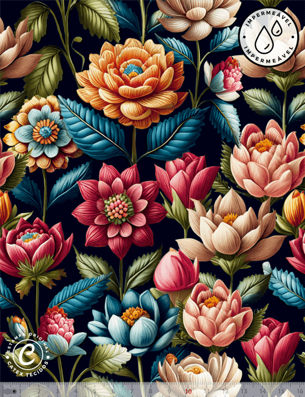 Tecido Sarja Impermeável Especial Coleção 3D - Floral Dark - 100% Algodão - Largura 1,50m