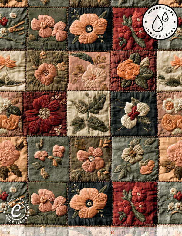 Tecido Sarja Impermeável Especial Coleção 3D - Floral Molduras Vintage - 100% Algodão - Largura 1,50m