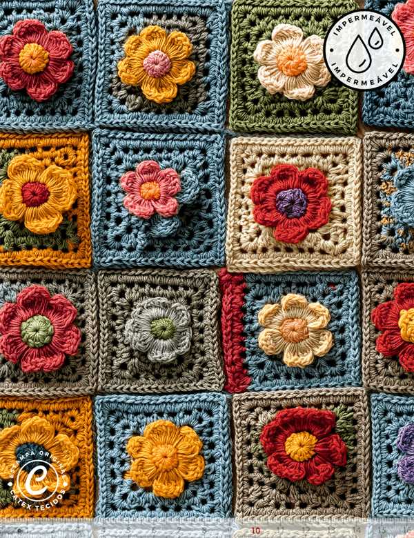 Tecido Sarja Impermeável Especial Coleção 3D - Florzinhas de Crochê - 100% Algodão - Largura 1,50m