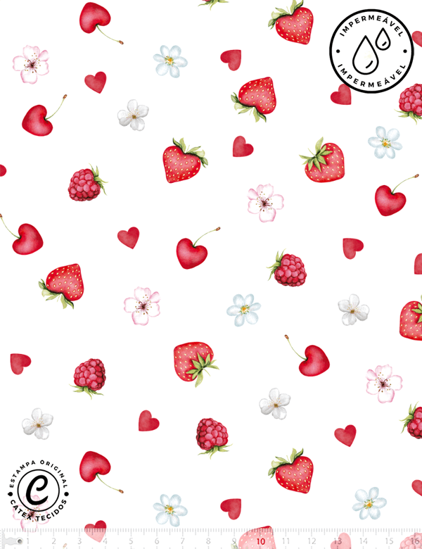 Tecido Sarja Impermeável Especial Coleção Amores e Sabores - Frutinhas Vermelhas - 100% Algodão - Largura 1,50m