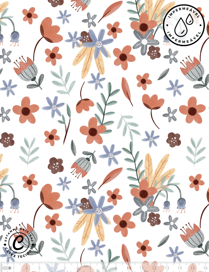 Tecido Sarja Impermeável Especial Coleção Boho Baby - Flores do Bosque - 100% Algodão - Largura 1,50m