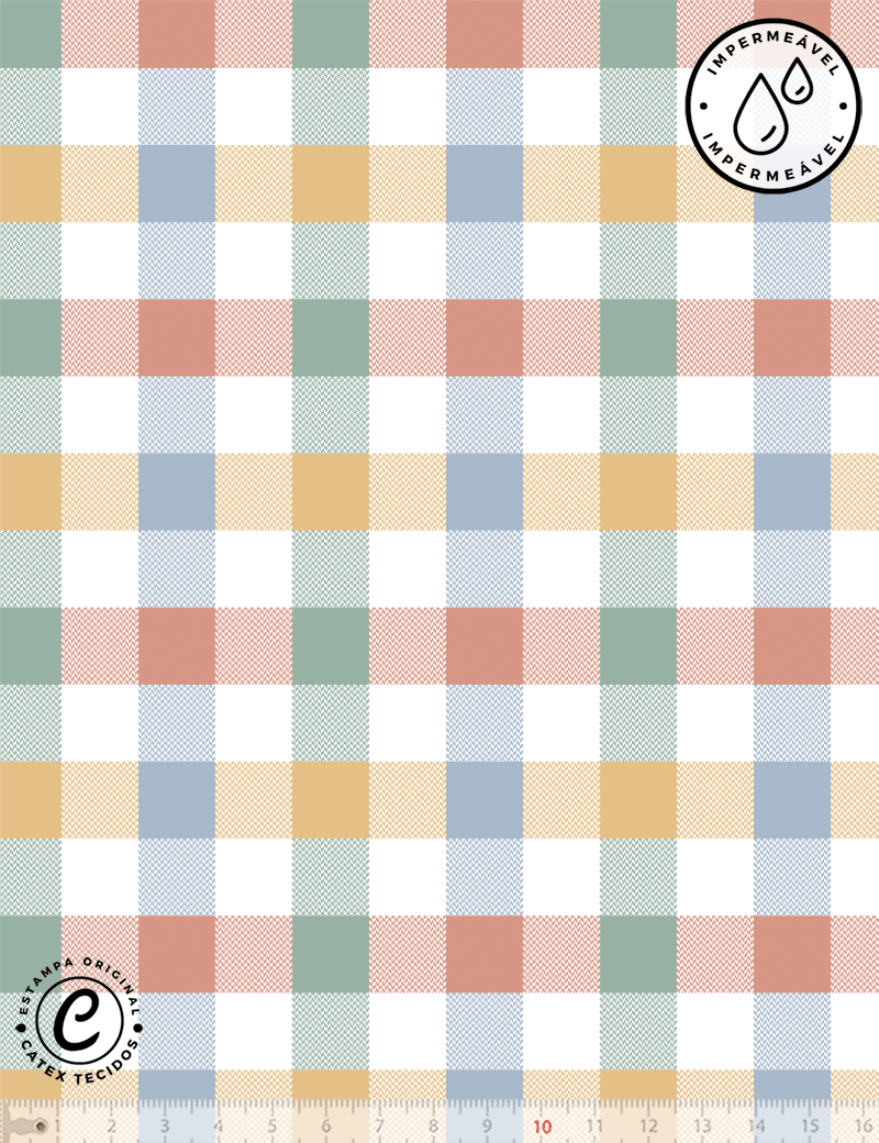 Tecido Sarja Impermeável Especial Coleção Boho Baby - Xadrez e Cores - 100% Algodão - Largura 1,50m