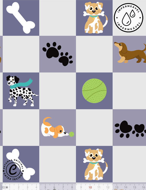 Tecido Sarja Impermeável Especial Coleção Cães e Gatos - Quadriculado de Cachorrinhos - 100% Algodão - Largura 1,50m
