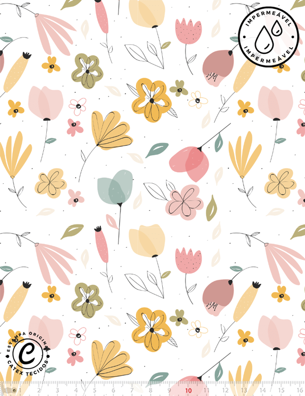 Tecido Sarja Impermeável Especial Coleção Coelhinhos e Flores - Floral - 100% Algodão - Largura 1,50m