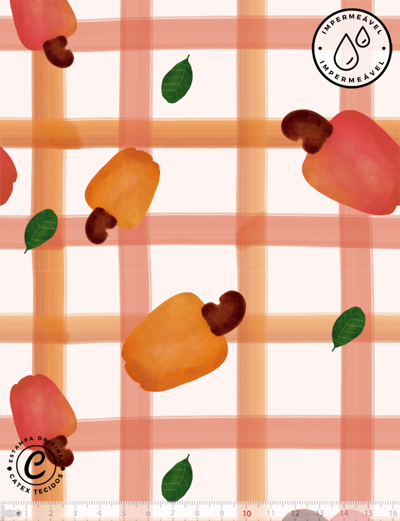 Tecido Sarja Impermeável Especial Coleção Frutas Aquarela - Caju Xadrez - 100% Algodão - Largura 1,50m