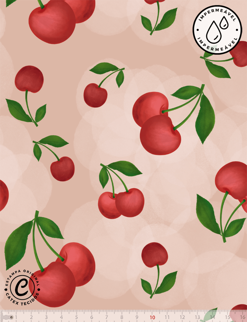 Tecido Sarja Impermeável Especial Coleção Frutas Aquarela - Cerejas - 100% Algodão - Largura 1,50m