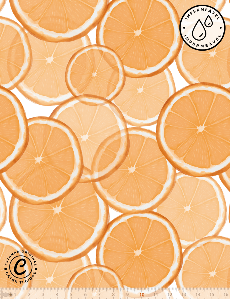 Tecido Sarja Impermeável Especial Coleção Frutas Aquarela - Laranja Pera - 100% Algodão - Largura 1,50m