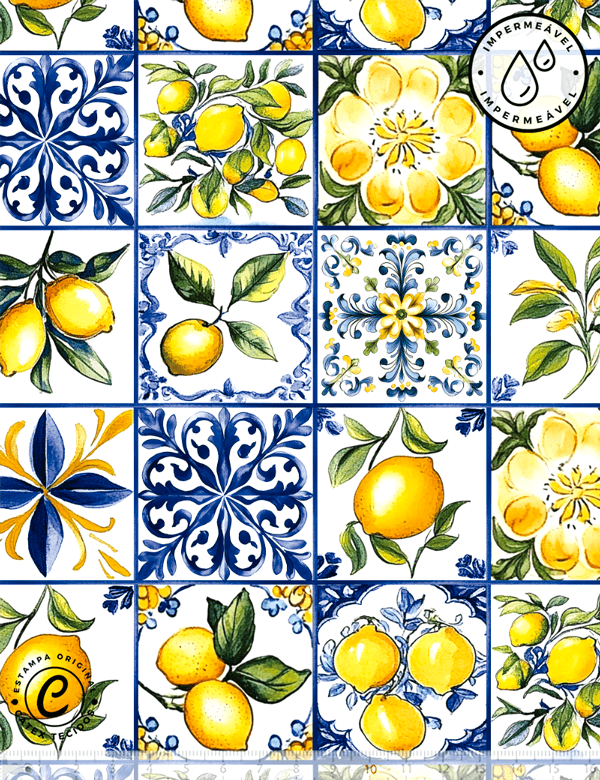 Tecido Sarja Impermeável Especial Coleção Mesa Azul - Azulejo e Cores - 100% Algodão - Largura 1,50m
