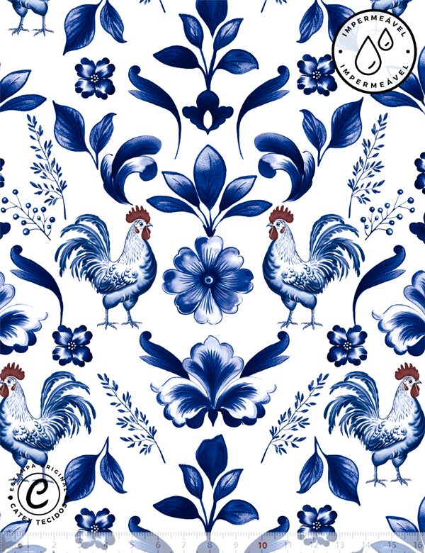 Tecido Sarja Impermeável Especial Coleção Mesa Azul - Galos e Flores - 100% Algodão - Largura 1,50m