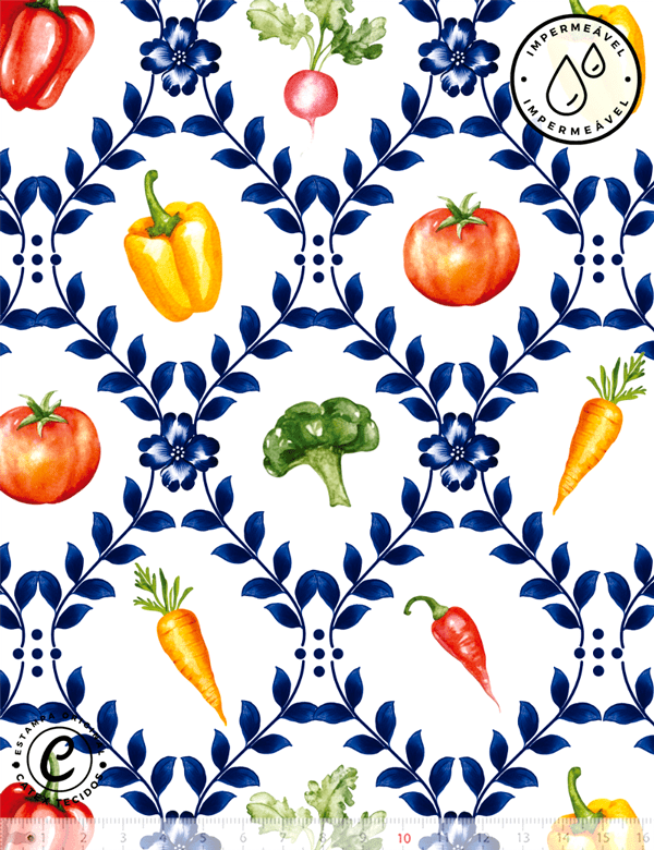Tecido Sarja Impermeável Especial Coleção Mesa Azul - Legumes - 100% Algodão - Largura 1,50m
