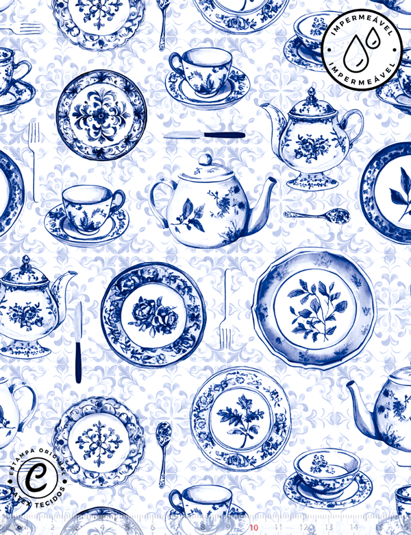 Tecido Sarja Impermeável Especial Coleção Mesa Azul - Porcelana - 100% Algodão - Largura 1,50m