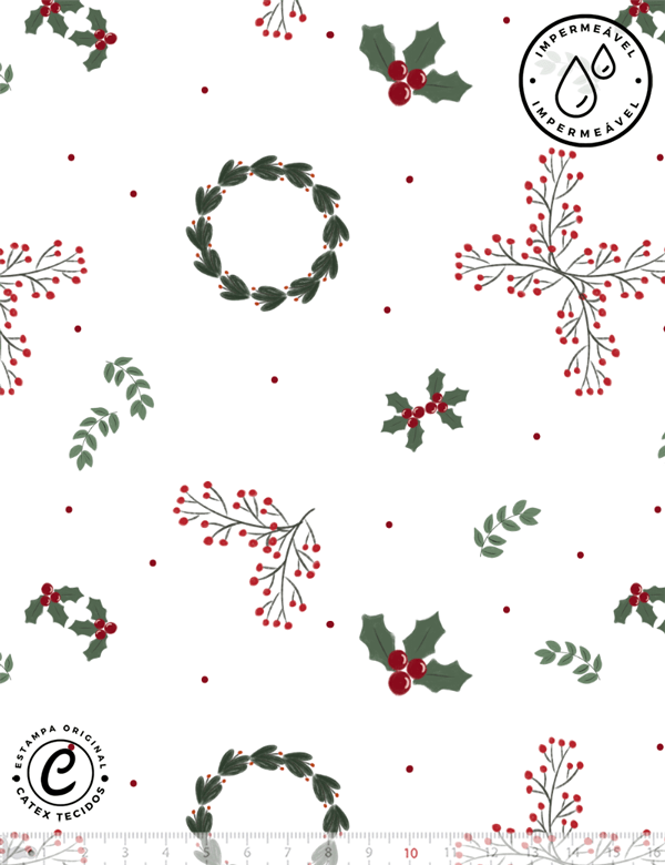 Tecido Sarja Impermeável Especial Coleção Natal Encantado - Raminhos e Folhas - 100% Algodão - Largura 1,50m