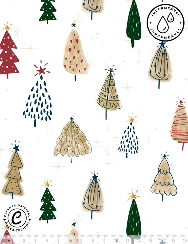 Tecido Sarja Impermeável Especial Coleção Natal Mágico - Árvores de Natal - 100% Algodão - Largura 1,50m