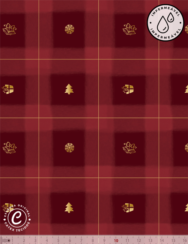 Tecido Sarja Impermeável Especial Coleção Natal Mágico - Mosaico Natalino Vermelho - 100% Algodão - Largura 1,50m
