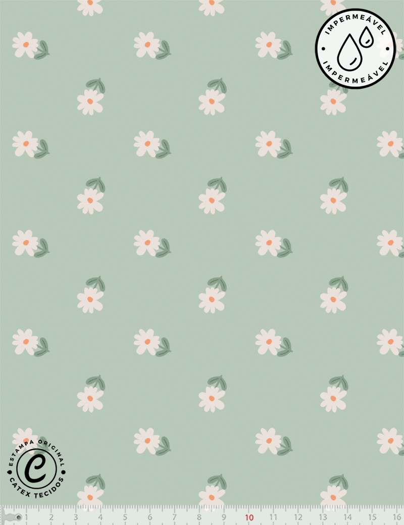 Tecido Sarja Impermeável Especial Coleção Outono na Floresta - Floral Fundo Verde - 100% Algodão - Largura 1,50m