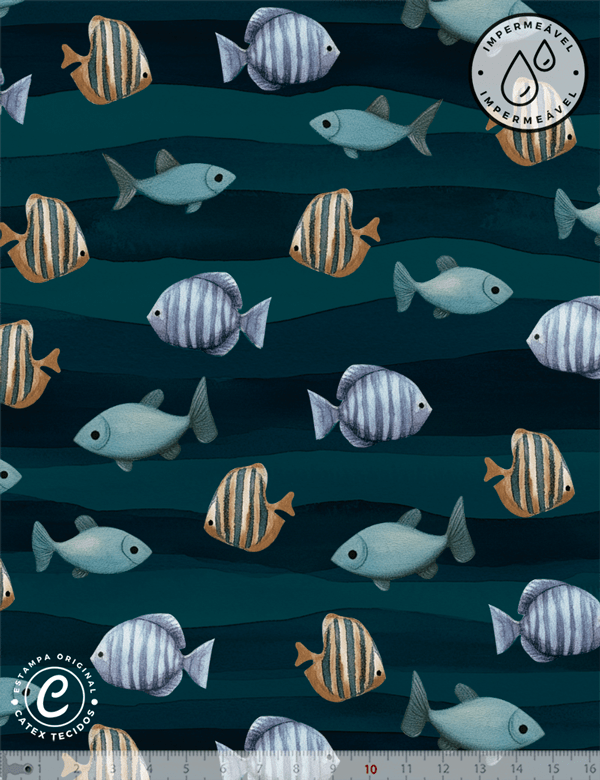 Tecido Sarja Impermeável Especial Undersea Peixinhos - 100% Algodão - Largura 1,50m