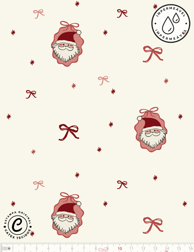 Tecido Sarja Impermeável Especial Coleção Natal Coquette - Rostinhos do Noel - 100% Algodão - Largura 1,50m