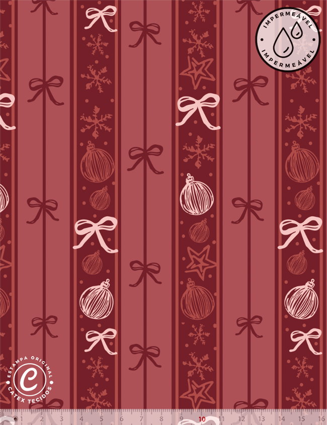 Tecido Sarja Impermeável Especial Coleção Natal Coquette - Fitas e Laços Natalinos - 100% Algodão - Largura 1,50m
