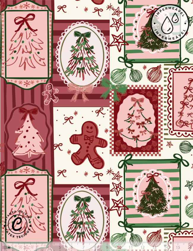 Tecido Sarja Impermeável Especial Coleção Natal Coquette - Patchwork de Natal - 100% Algodão - Largura 1,50m