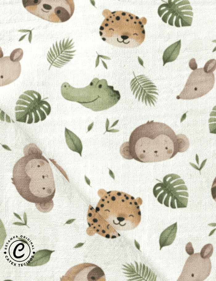 Tecido Fralda Estampada - Coleção Fauna Divertida - Rostinhos da Selva - 100% Algodão - 70cm x 70cm