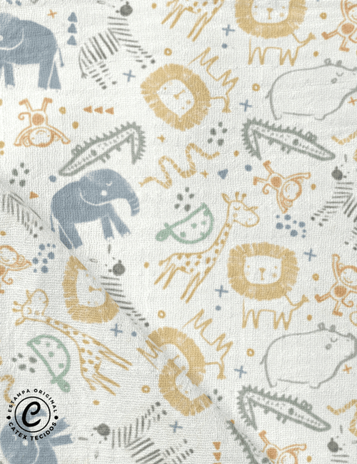 Tecido Fralda Estampada - Coleção Baby Safári - Bichos - 100% Algodão - Largura 70 cm