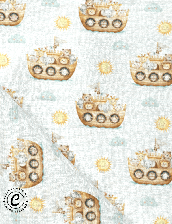 Tecido Fralda Estampada - Coleção Contos - Arca de Noé - Bichinhos na Arca - 100% Algodão - 70cm x 70cm