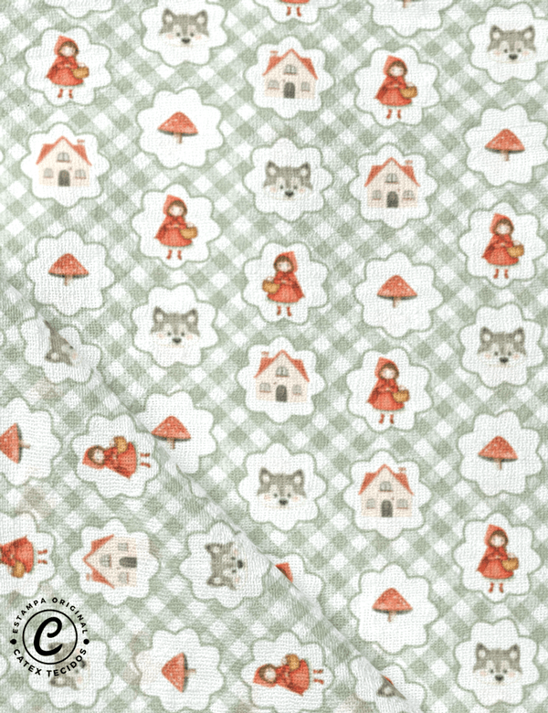 Tecido Fralda Estampada - Coleção Contos - Chapeuzinho Vermelho - Xadrez - 100% Algodão - 70cm x 70cm